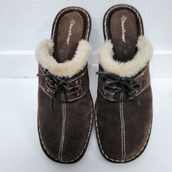 Bare Traps Decoy Clogs Mules Brown Suede Faux Fur Trim Block Heel  8.5M - Picture 6 of 9